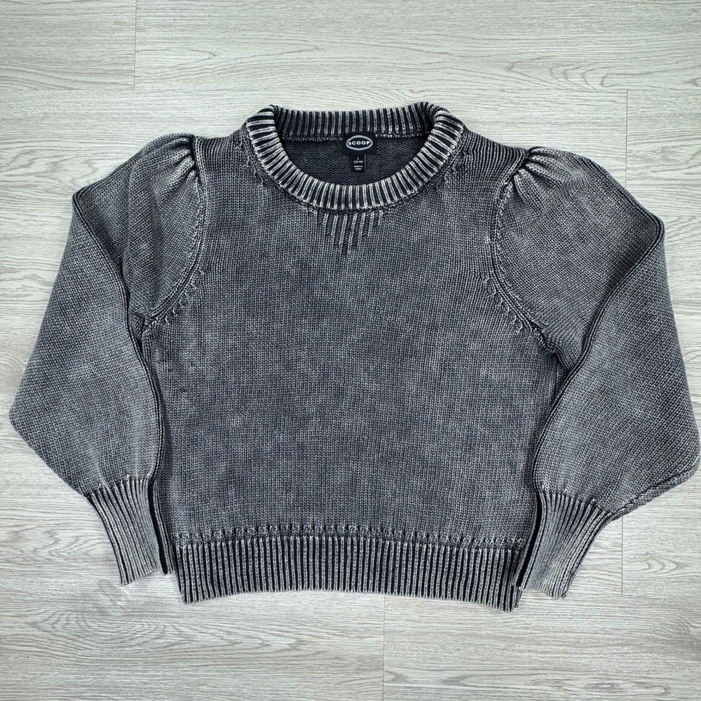 Scoop Women's Sweater Acid Wash Gray Large Puff Sleeve Cotton Knit Pullover 90s